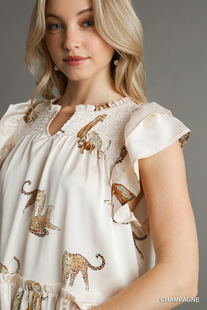 UMGEE Champagne Animal Print Ruffle Dress