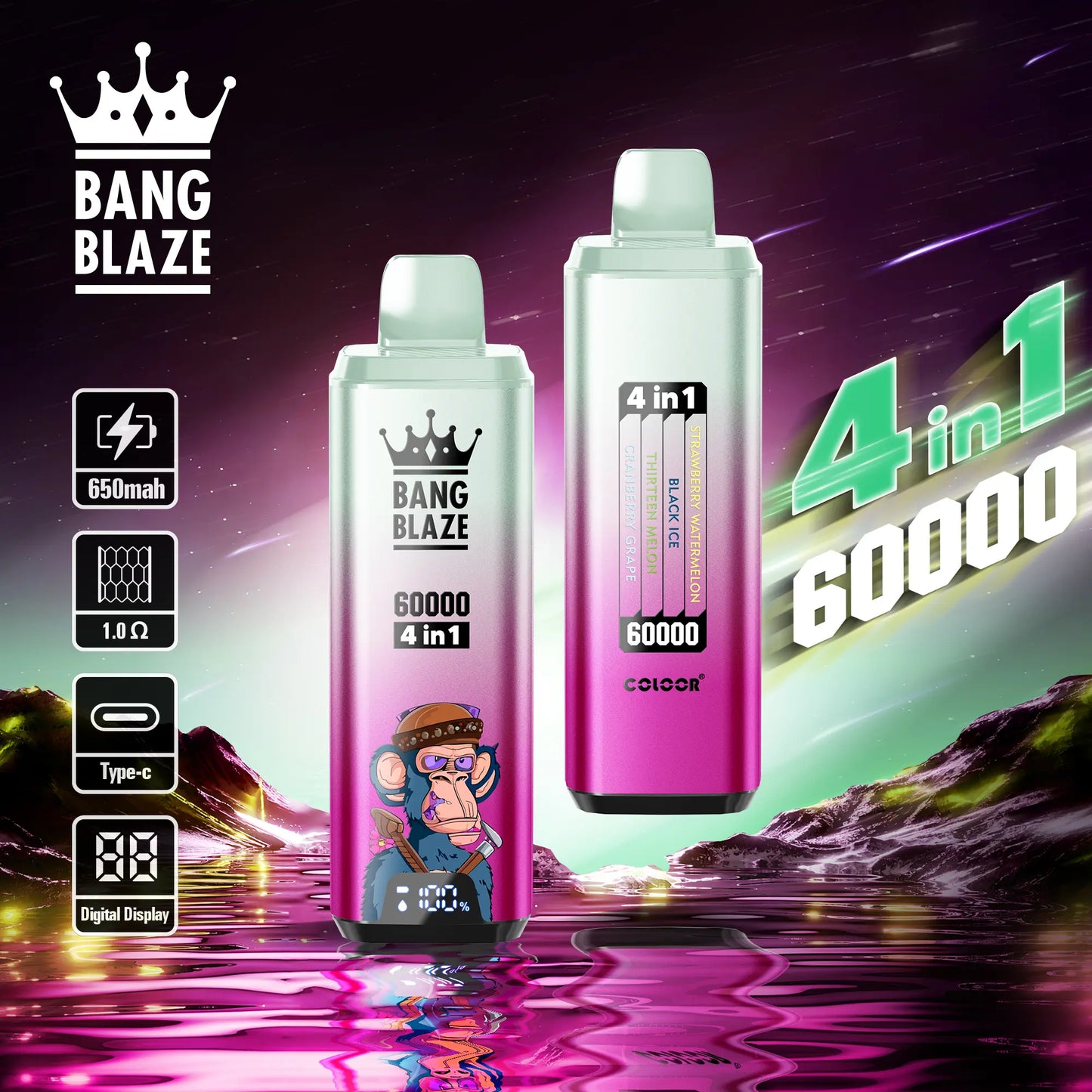 Bang Blaze 60000 – 4 flavors in a single device! 🔥 Fast shipping in 1–5 days. 🚚 Tax- and duty-free. 💨 Up to 60,000 puffs of pure flavor! Buy it now and save! ⚡