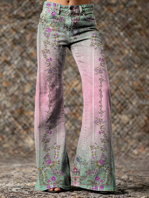 Women's Vintage Ethnic Pink Green Gradient Floral Hippie Art Printed Casual Slim Denim Flared Pants