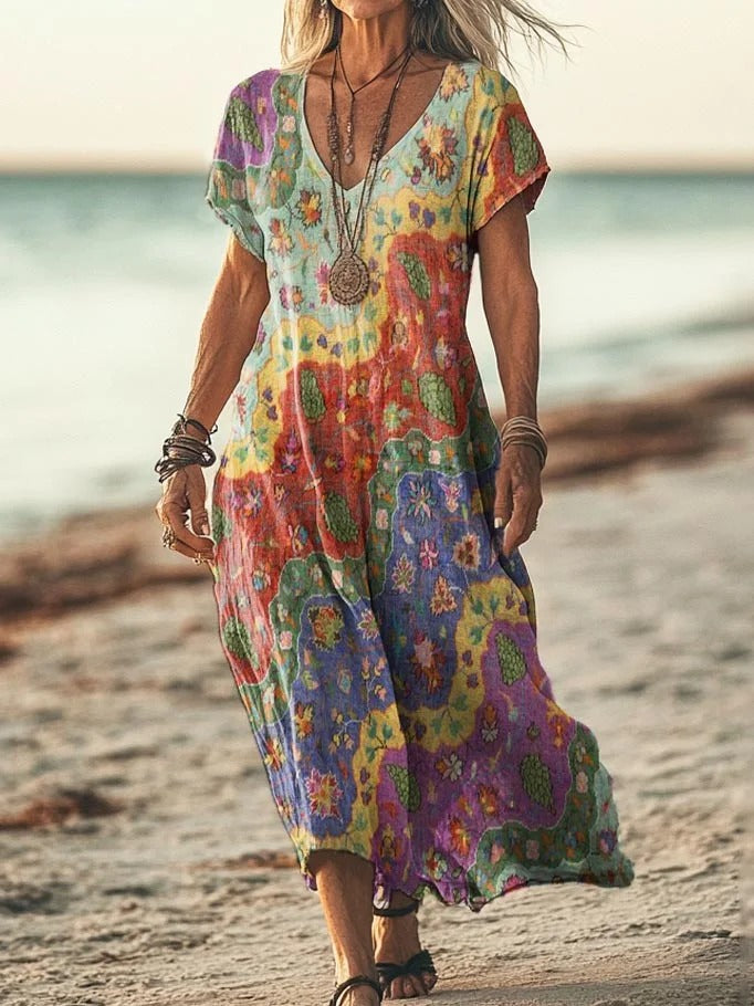 Women's Boho Floral Wave Collage Art Printed Cotton And Linen Casual Pants
