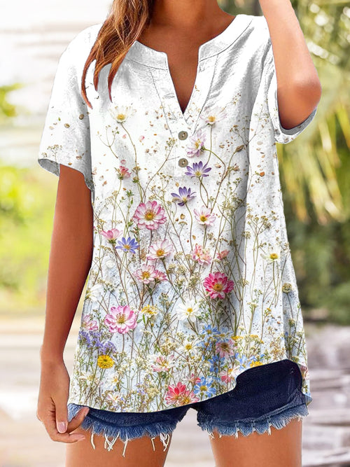 Women's Floral Art Print Casual Short Sleeve Cotton and Linen Shirt