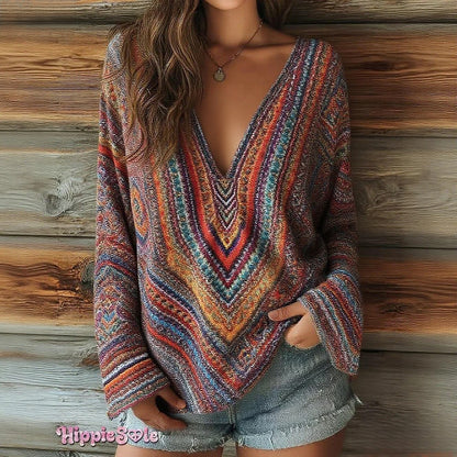 Women's Striped Art Print Casual V-Neck Long Sleeve Top