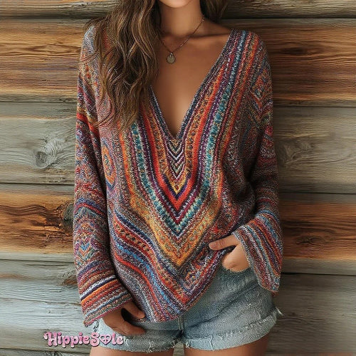 Women's Striped Art Print Casual V-Neck Long Sleeve Top