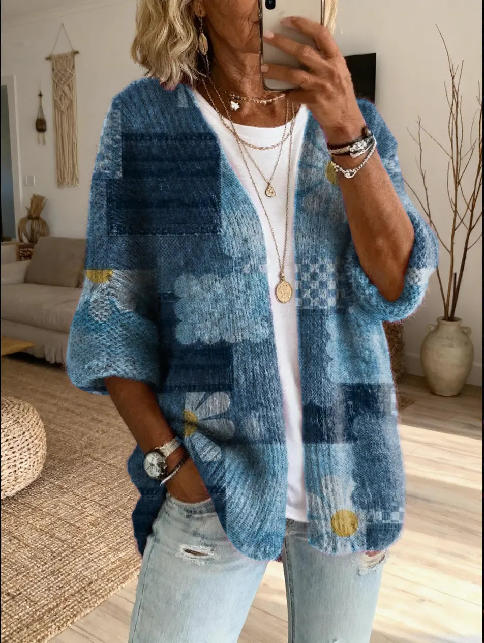 Ethnicity Flowers Geometry Women's Art Print Casual Cardigan Sweater