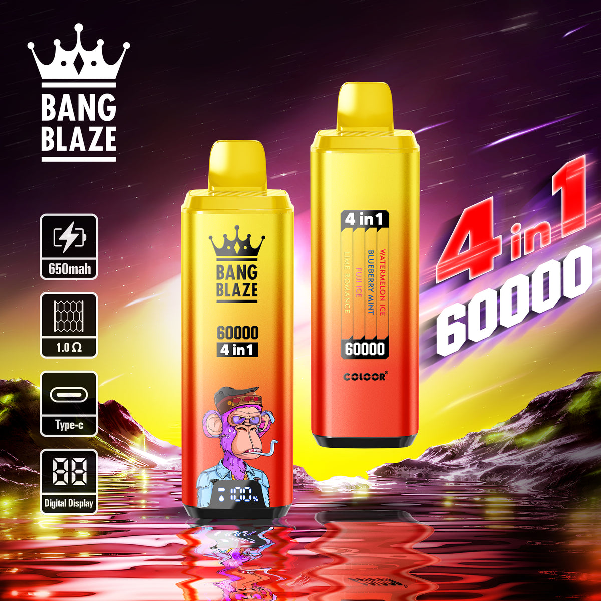 Bang Blaze 60000 – 4 flavors in a single device! 🔥 Fast shipping in 1–5 days. 🚚 Tax- and duty-free. 💨 Up to 60,000 puffs of pure flavor! Buy it now and save! ⚡