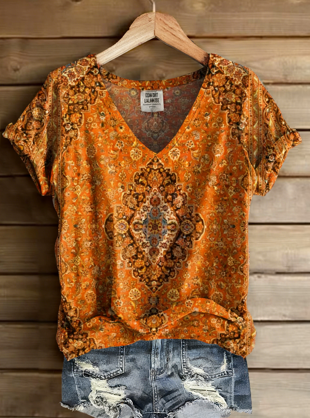 Vintage Ethic Print V-neck Casual T-Shirt