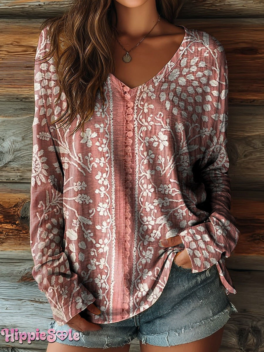 Women's Vintage Ethnic Floral Art Art Print Casual Long Sleeve T-shirt