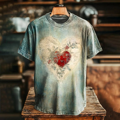 Women's V-Neck Casual T-Shirt with Heart Tattoo Art Print