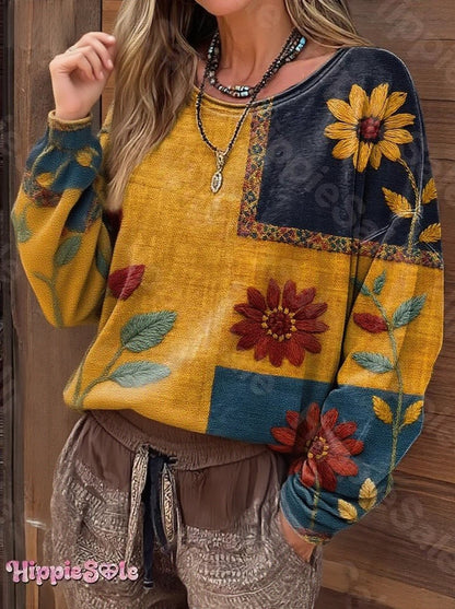Women's Bohemian Floral Pattern Patchwork Art Print Casual Long Sleeve T-shirt
