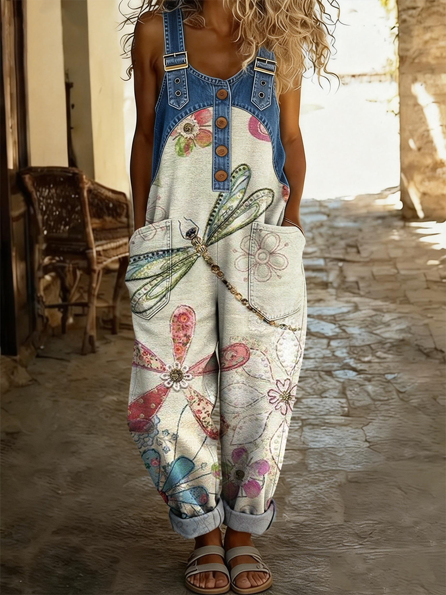 Women's Retro Dragonfly And Floral Art Print Casual Sleeveless Denim Patchwork Jumpsuit