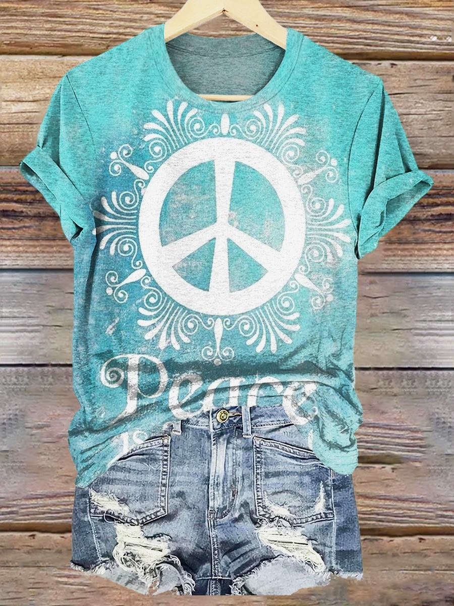 Women's Hippie Peace Is Beautiful Print Short Sleeve Pocket Cotton Linen Dress