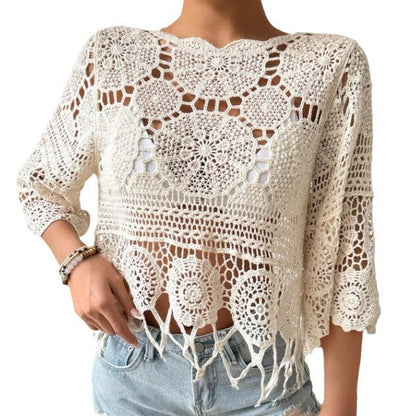 🌴Boho Chic Swim Cover-Up✨ Fringe Knit Top with 3/4 Sleeves👙 Casual Beach & Party Wear☀️ Spring & Fall