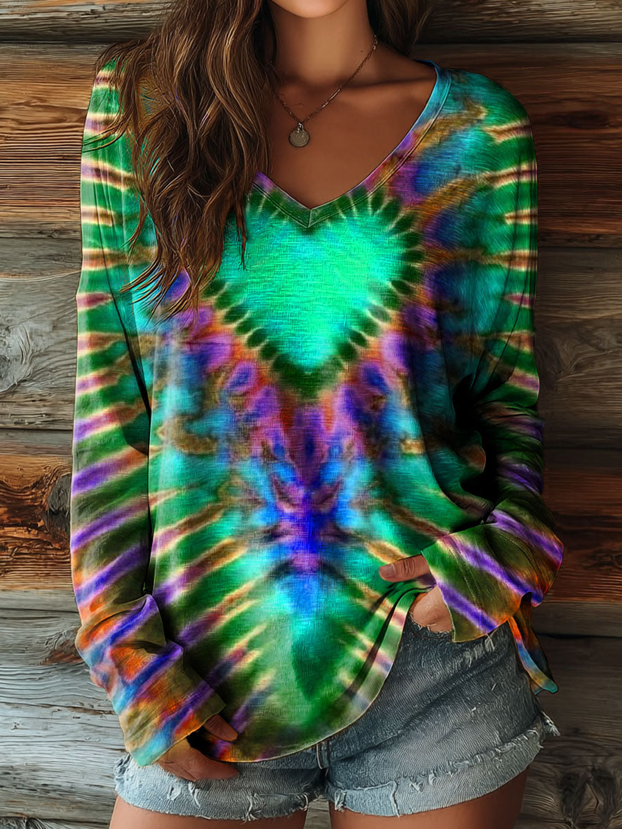 Women's Colorful Love Heart Tie Dye Art Print Casual V-neck Long Sleeve T-shirt