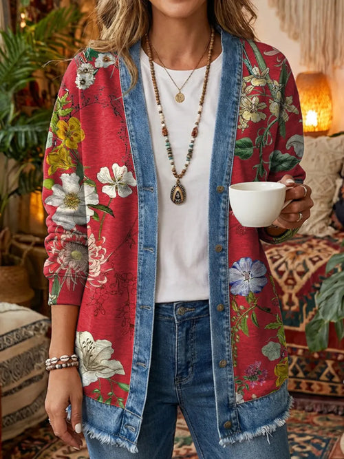 Ethnicity Red Flowers Women's Art Print Casual Long Sleeve Denim Patchwork Shirt Coat