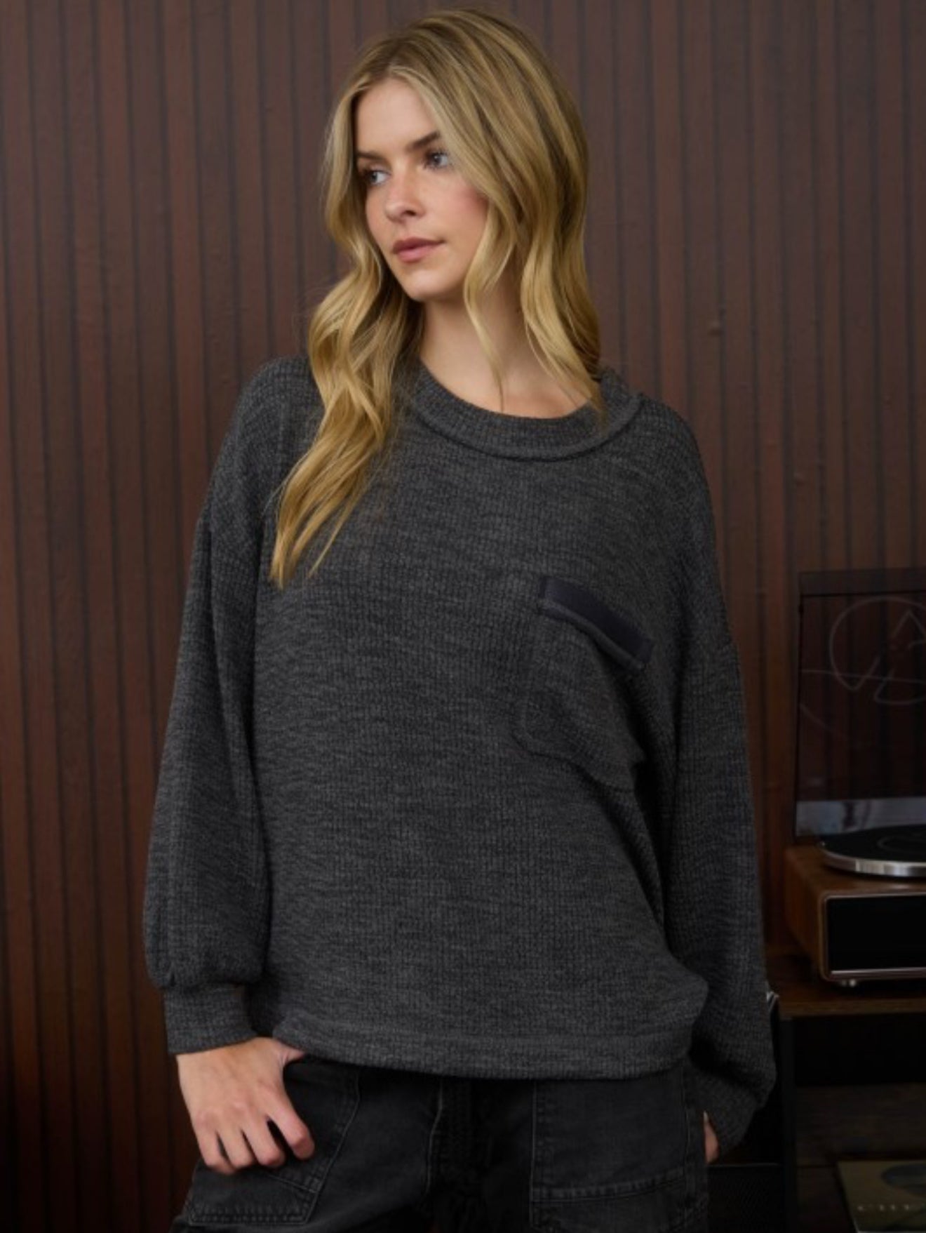 Crew Neck Pocket Sweater Charcoal
