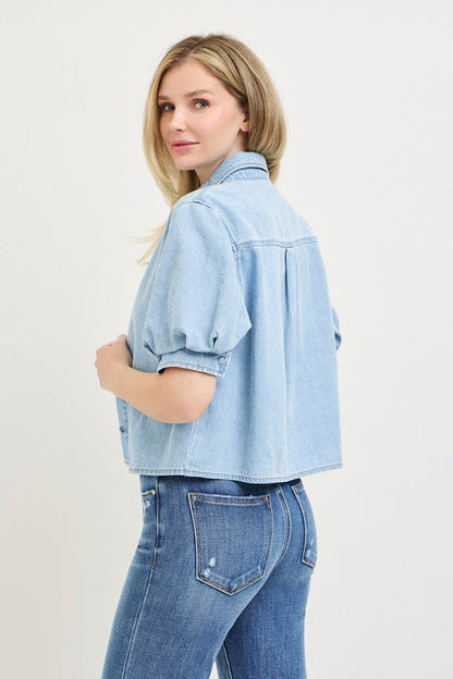RISEN Denim Puff Sleeve Button Down Shirt