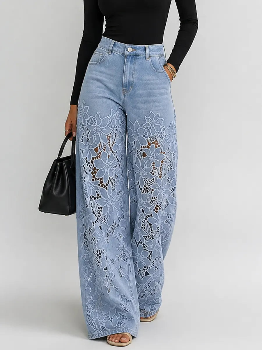 Kaliora - Floral Lace Wide Leg Jeans