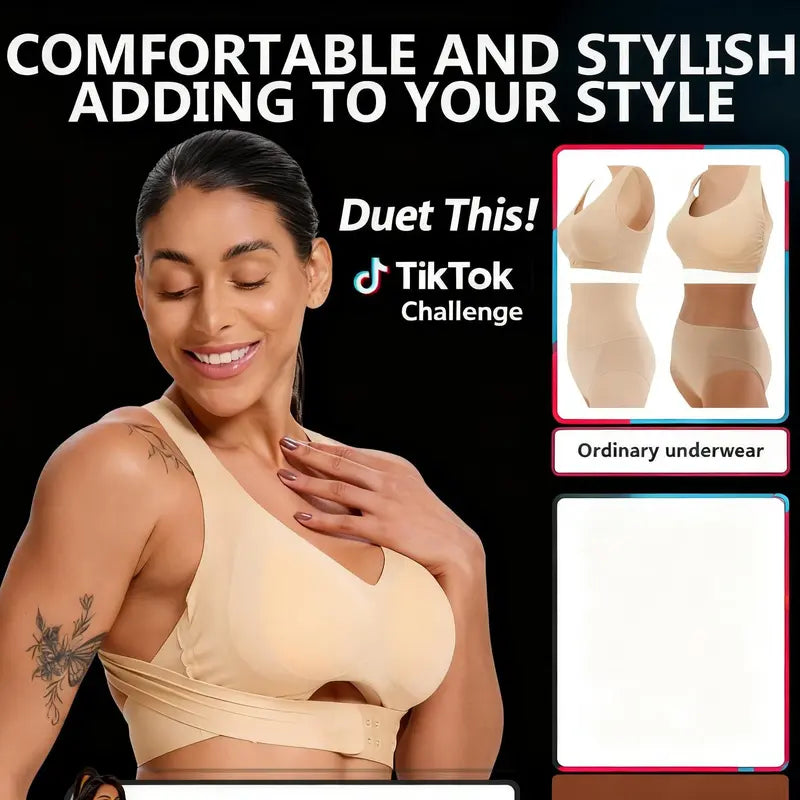 【Postural correction】Women’s Beige Wireless Bra, Soft Breathable Non-removable Moulded Cups, Yoga Fitness Sportswear for Gym & Daily Training