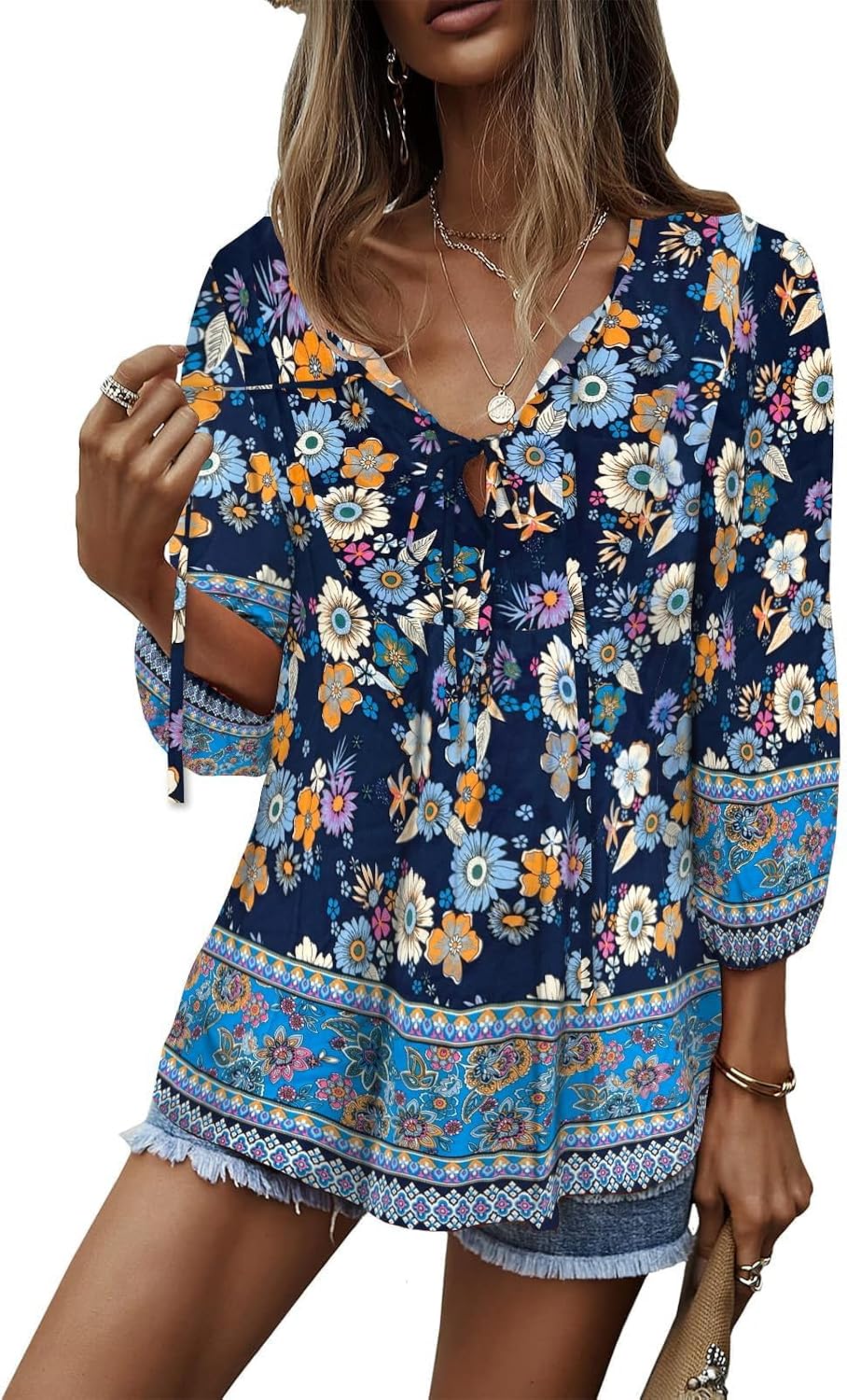 Women Blouse Elegant Casual Boho V Neck Floral Pattern Loose Long Sleeve Summer Tunic Tops