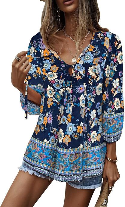 Women Blouse Elegant Casual Boho V Neck Floral Pattern Loose Long Sleeve Summer Tunic Tops