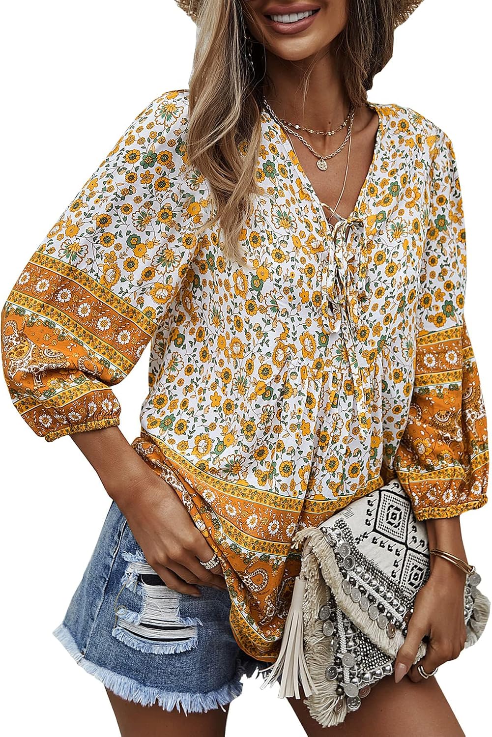Women Blouse Elegant Casual Boho V Neck Floral Pattern Loose Long Sleeve Summer Tunic Tops