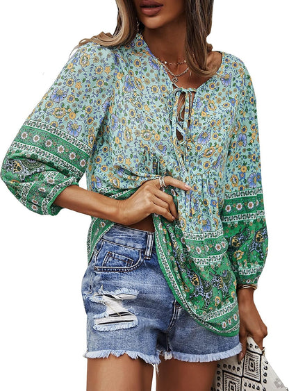 Women Blouse Elegant Casual Boho V Neck Floral Pattern Loose Long Sleeve Summer Tunic Tops