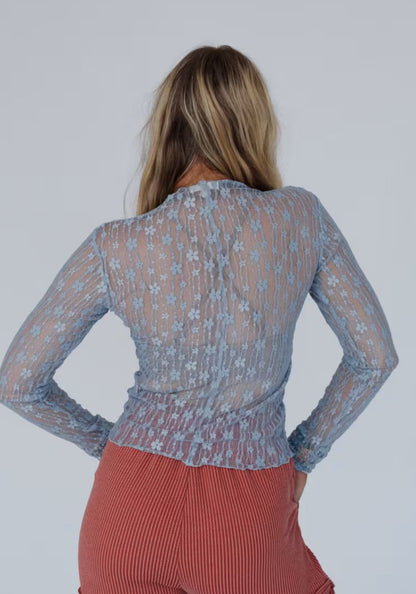 Boho Floral Lace Mesh Top Blue