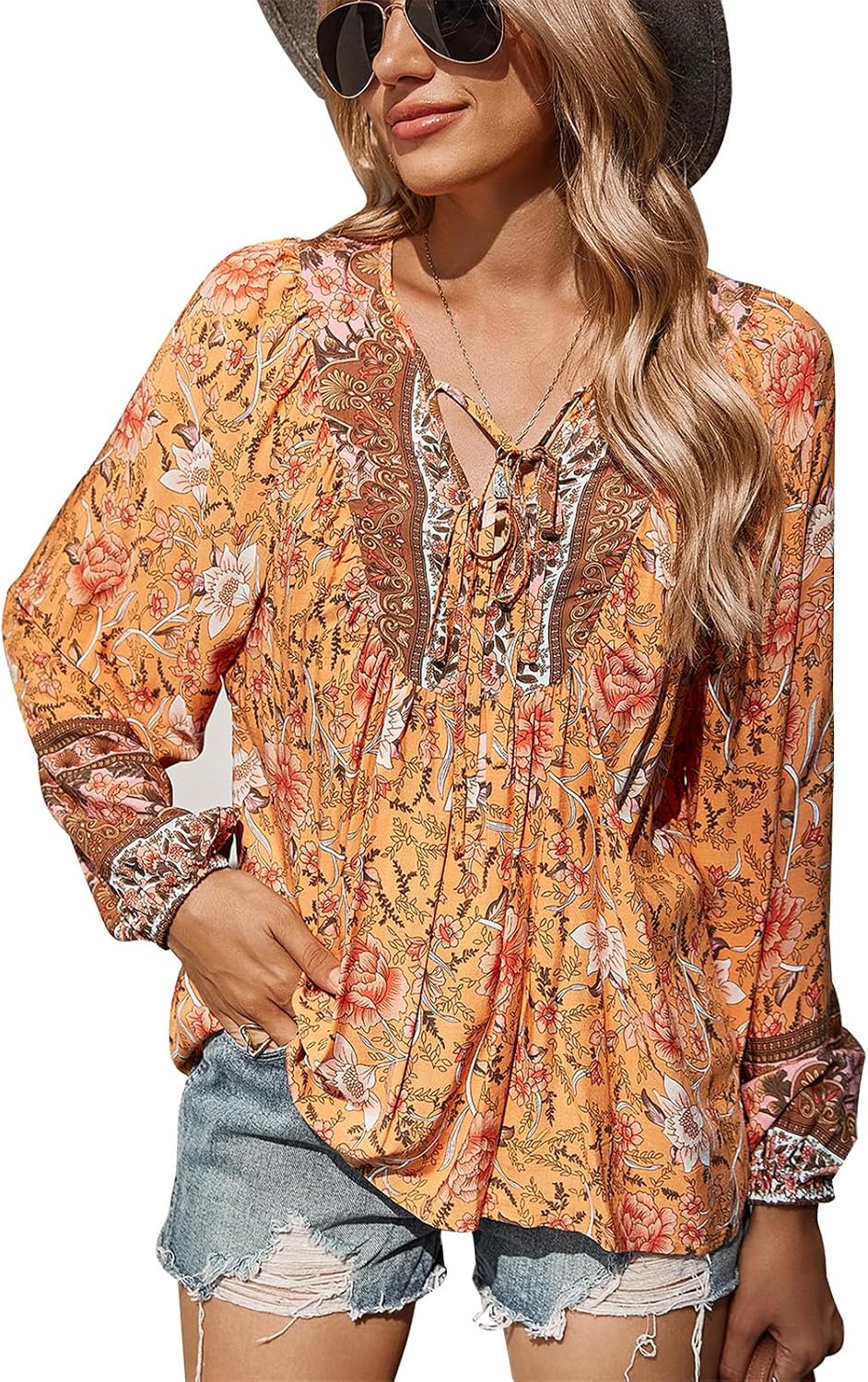 Women Blouse Elegant Casual Boho V Neck Floral Pattern Loose Long Sleeve Summer Tunic Tops