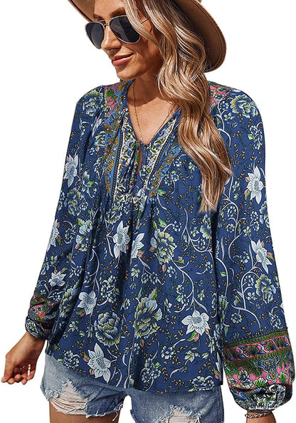 Women Blouse Elegant Casual Boho V Neck Floral Pattern Loose Long Sleeve Summer Tunic Tops