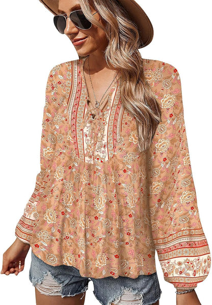Women Blouse Elegant Casual Boho V Neck Floral Pattern Loose Long Sleeve Summer Tunic Tops