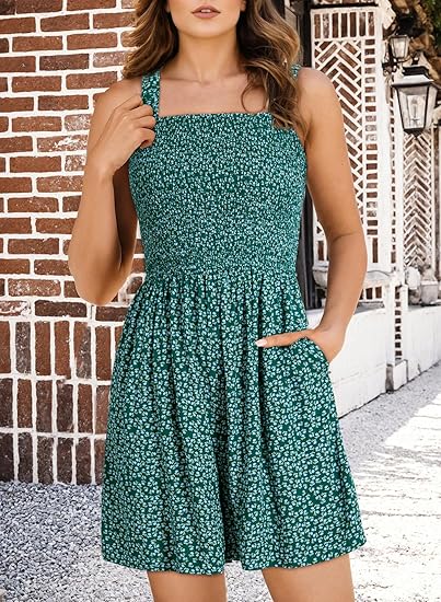 🏝️LAST DAY SALE 50% OFF💃Women's Summer Square Neck Sleeveless Loose Casual Short Smocked Romper