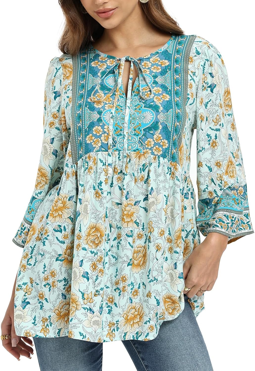 Women Blouse Elegant Casual Boho V Neck Floral Pattern Loose Long Sleeve Summer Tunic Tops
