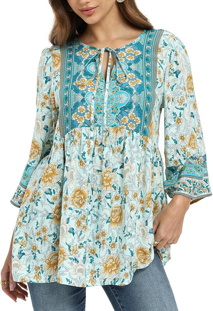 Women Blouse Elegant Casual Boho V Neck Floral Pattern Loose Long Sleeve Summer Tunic Tops