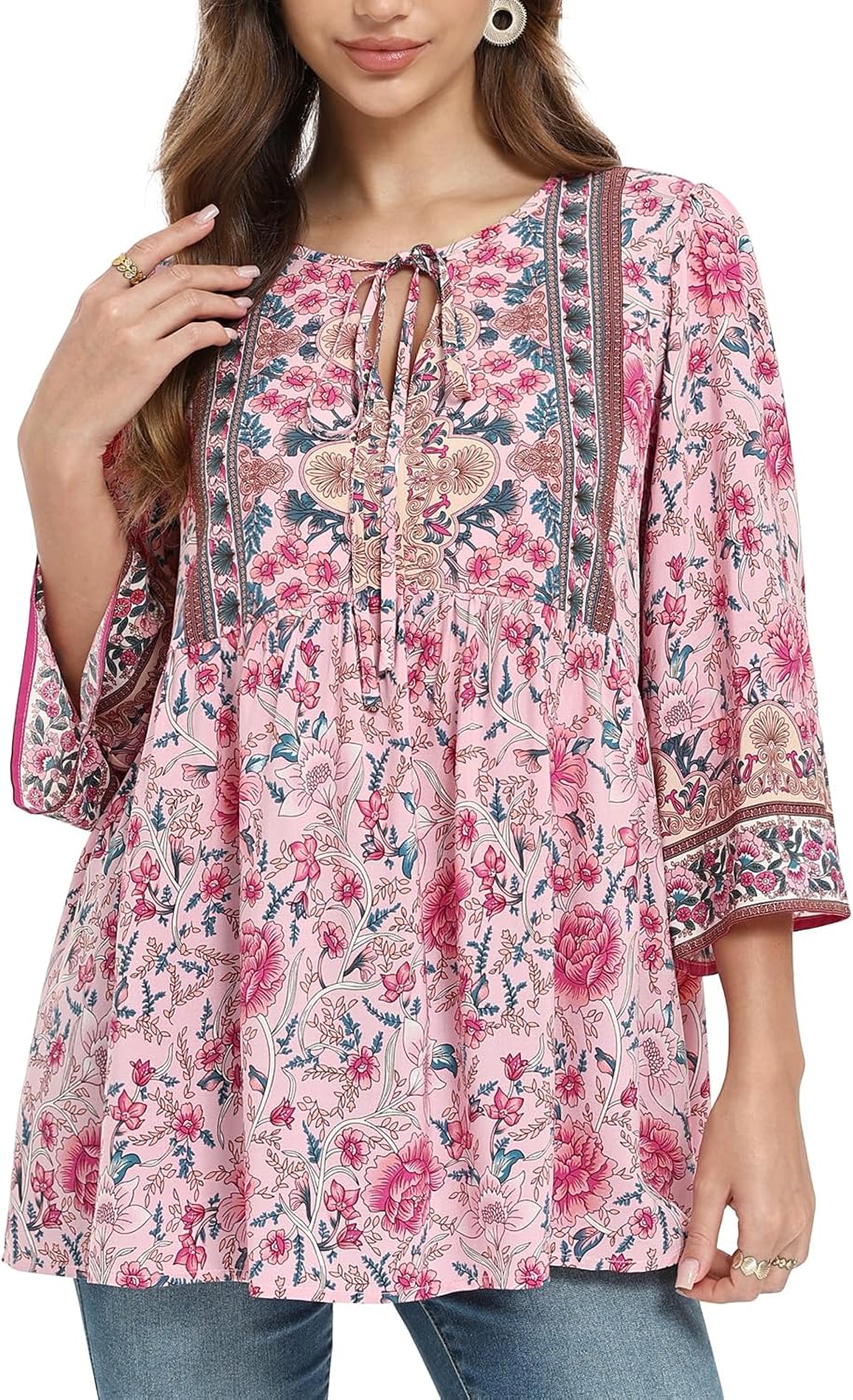 Women Blouse Elegant Casual Boho V Neck Floral Pattern Loose Long Sleeve Summer Tunic Tops