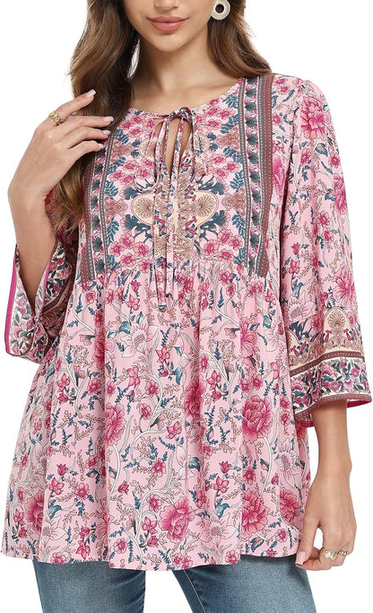 Women Blouse Elegant Casual Boho V Neck Floral Pattern Loose Long Sleeve Summer Tunic Tops