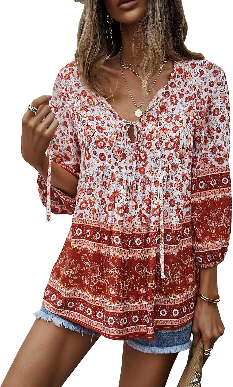 Women Blouse Elegant Casual Boho V Neck Floral Pattern Loose Long Sleeve Summer Tunic Tops