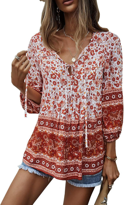 Women Blouse Elegant Casual Boho V Neck Floral Pattern Loose Long Sleeve Summer Tunic Tops