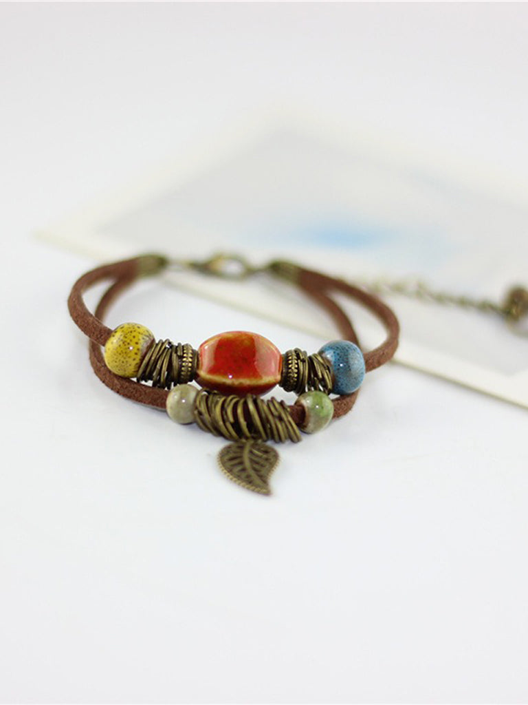 Simple Cowhide Rope Ceramic Kiln-changed Bead Bracelet Bohemian Couple Jewelry