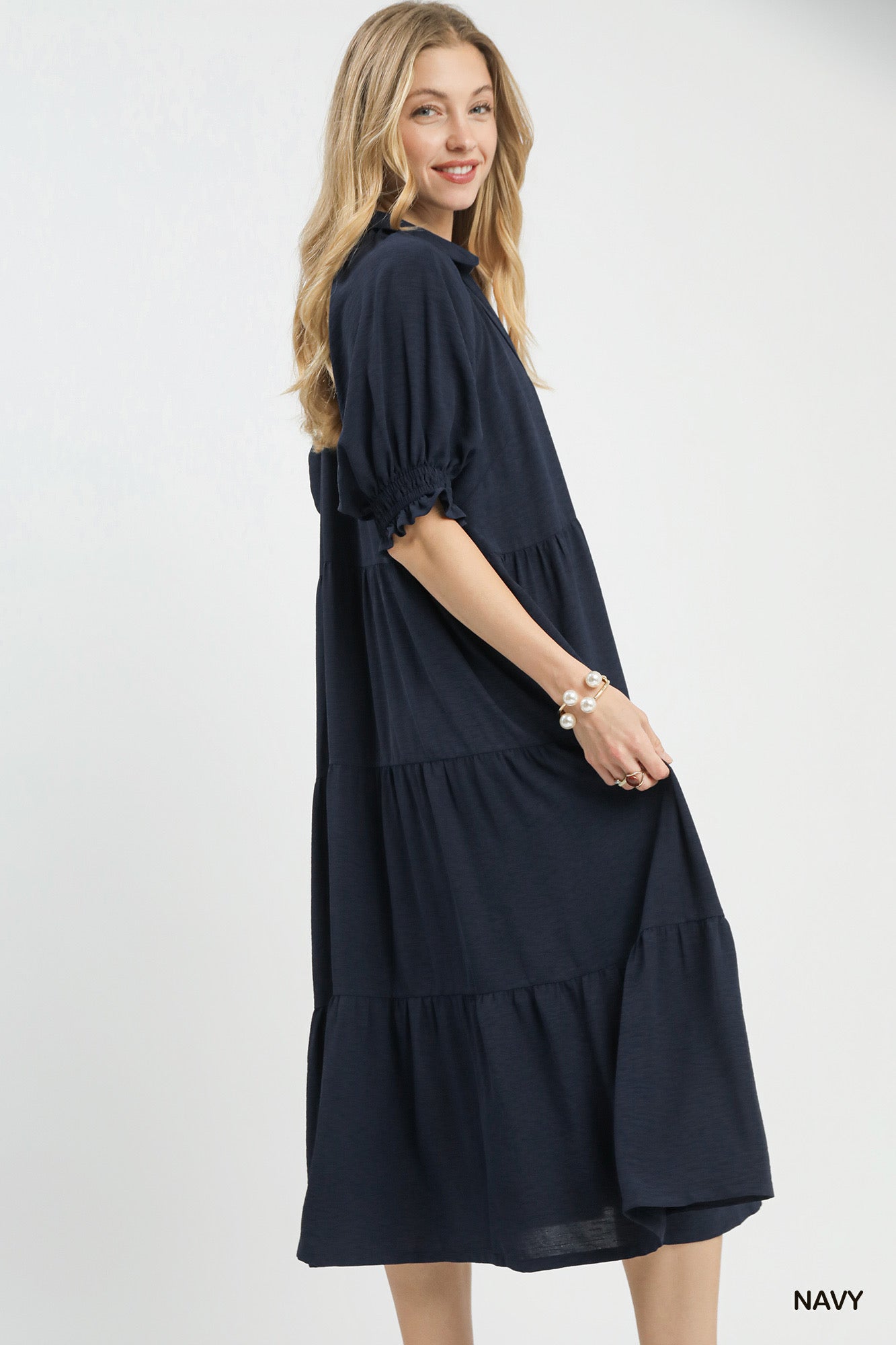 UMGEE Solid Tiered Midi Dress Navy