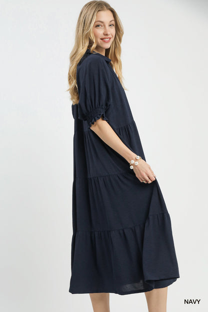UMGEE Solid Tiered Midi Dress Navy