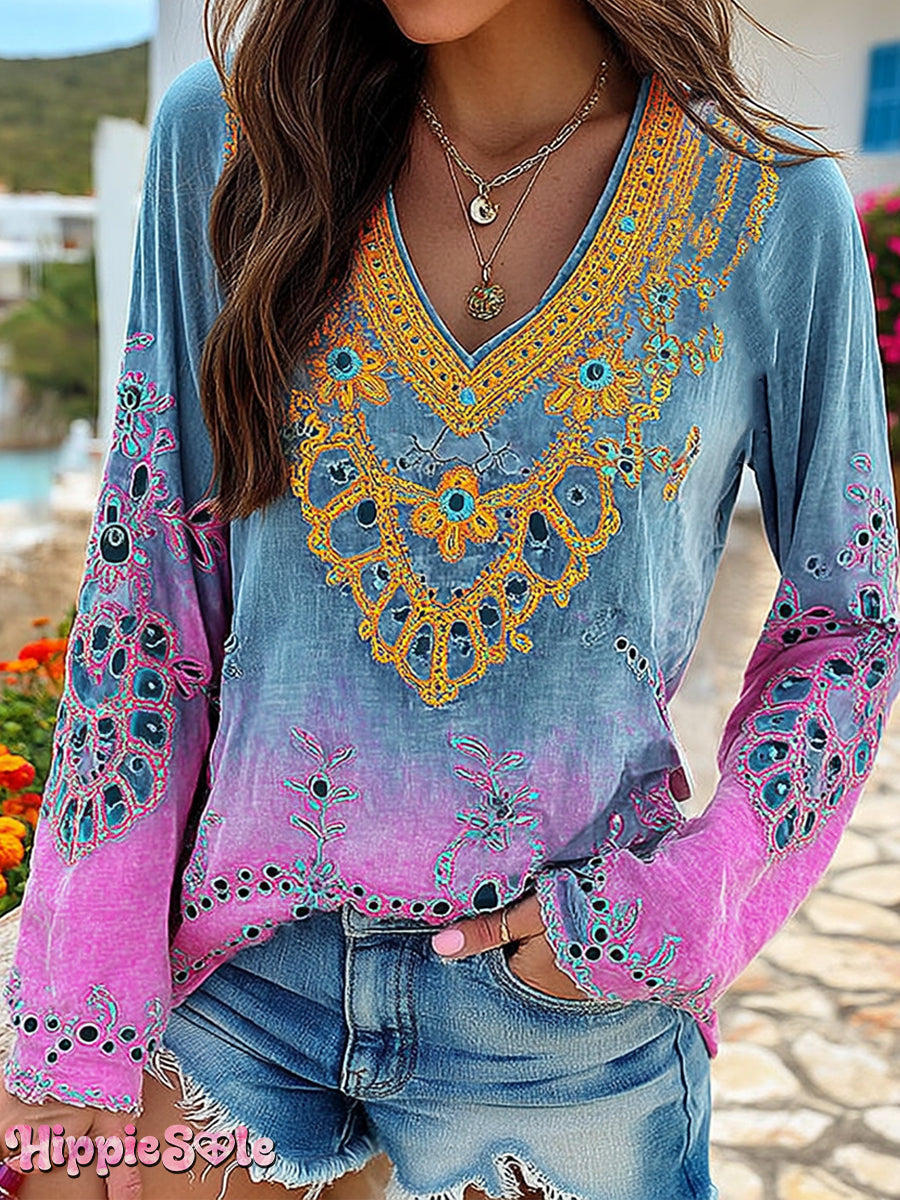 Women's Floral Art Print Casual V-neck Long Sleeve T-shirt