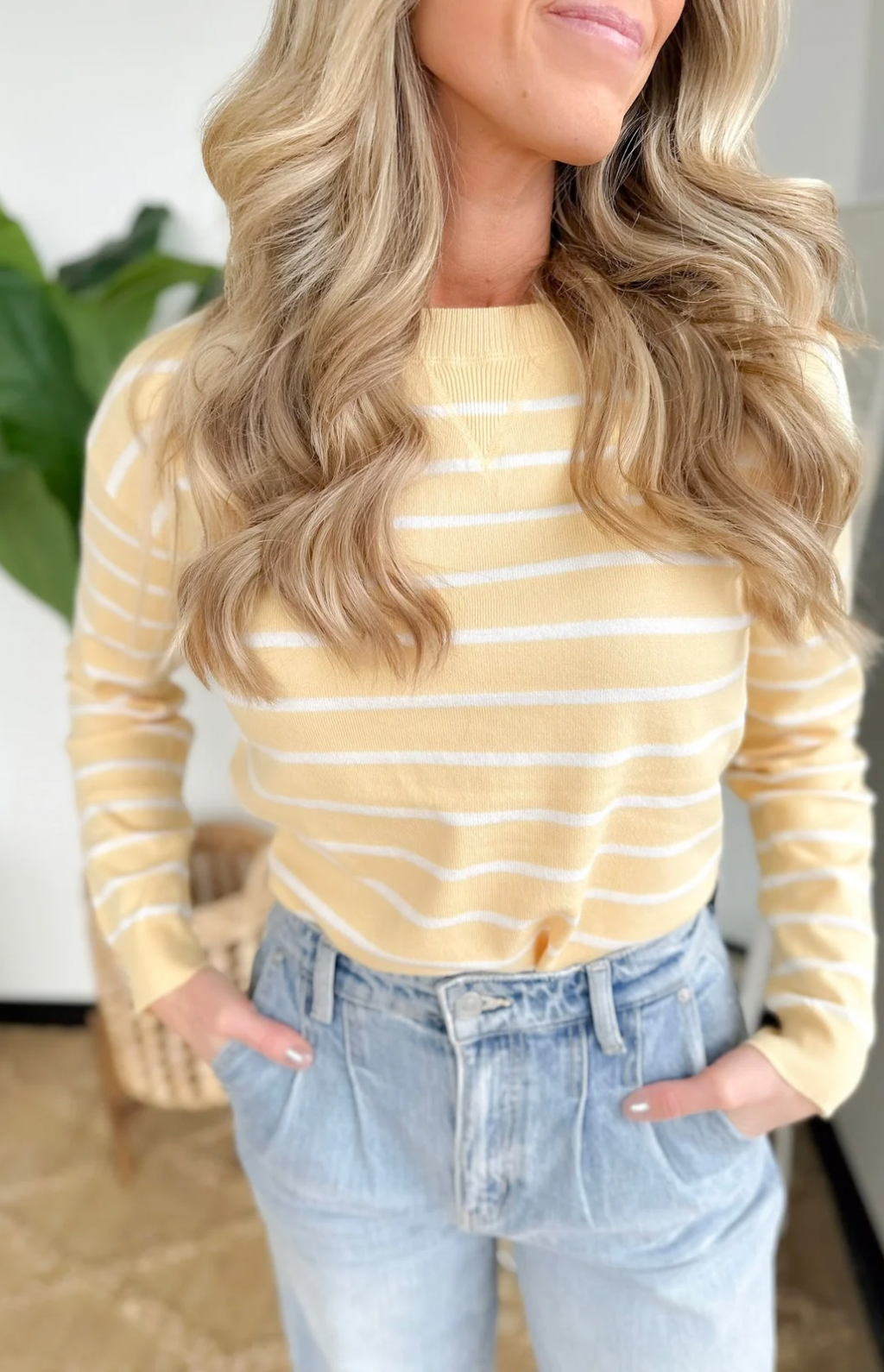 Stripe Crew Neck Sweater Top Yellow