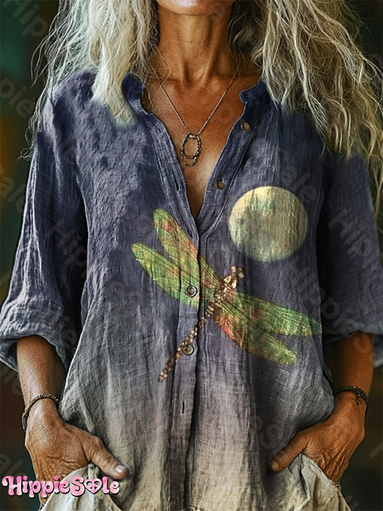 Women's Vintage Dragonfly Moon Art Print Casual Long Sleeve T-shirt
