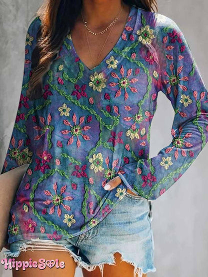Womens Bohemian Ethnic Floral Art Print Casual Cotton Linen Shirt
