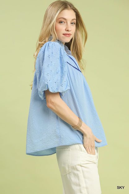 UMGEE Puff Sleeve Eyelet Top Sky Blue