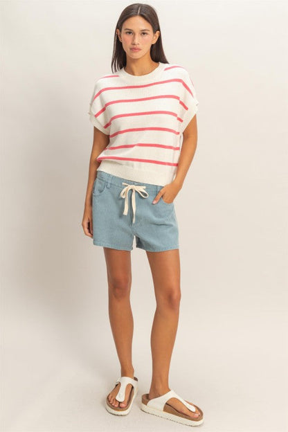 Stripe Crew Neck Knit Top Rose
