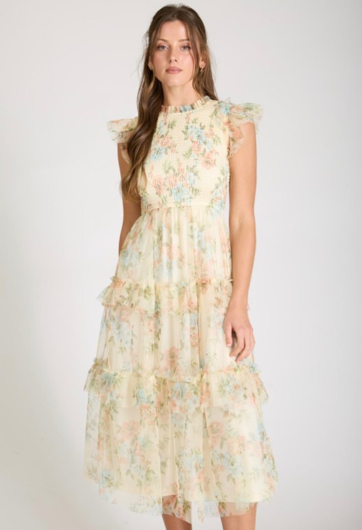 Pale Yellow Floral Ruffle Chiffon Dress