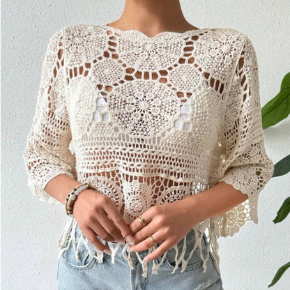 🌴Boho Chic Swim Cover-Up✨ Fringe Knit Top with 3/4 Sleeves👙 Casual Beach & Party Wear☀️ Spring & Fall
