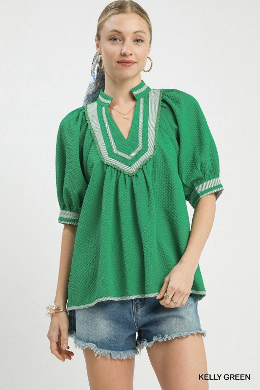UMGEE Green Textured Contrast Top