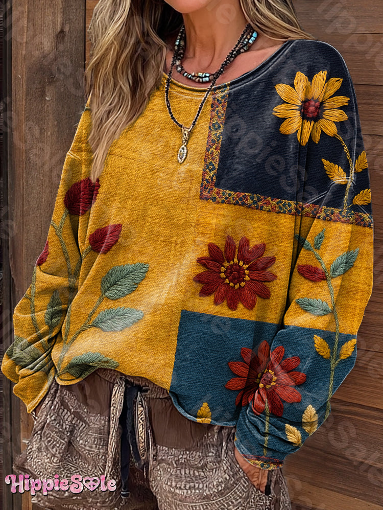 Women's Bohemian Floral Pattern Patchwork Art Print Casual Long Sleeve T-shirt